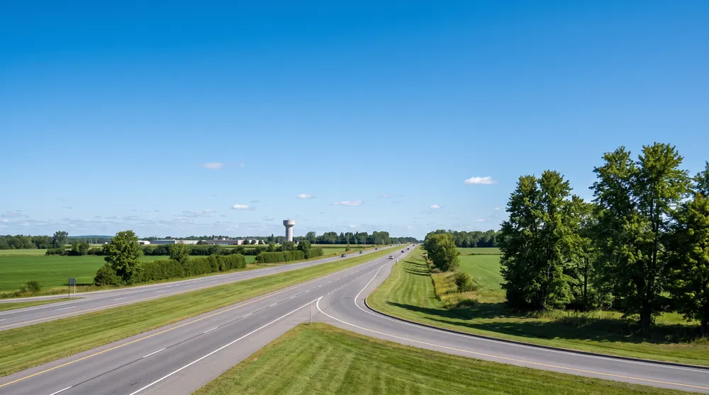 Generated scene: a divided four-lane highway with an on-ramp between green fields in eastern Ontario; not a specific interchange.